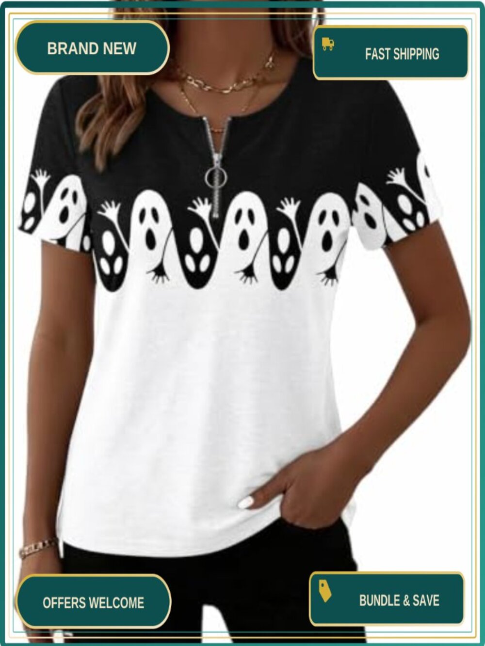 Women's Fall Halloween Quarter Zip Short Sleeve Casual Tee